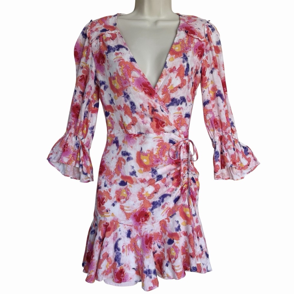 Betsey Johnson Sunset Floral Faux Wrap Dress Sz 8 NWOT Ruffles Watercolors Pink‎